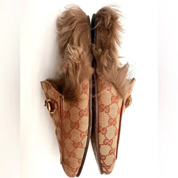Gucci Princetown Horsebit Brown GG Print Canvas Fur Slippers Loafers US 7 EU 41